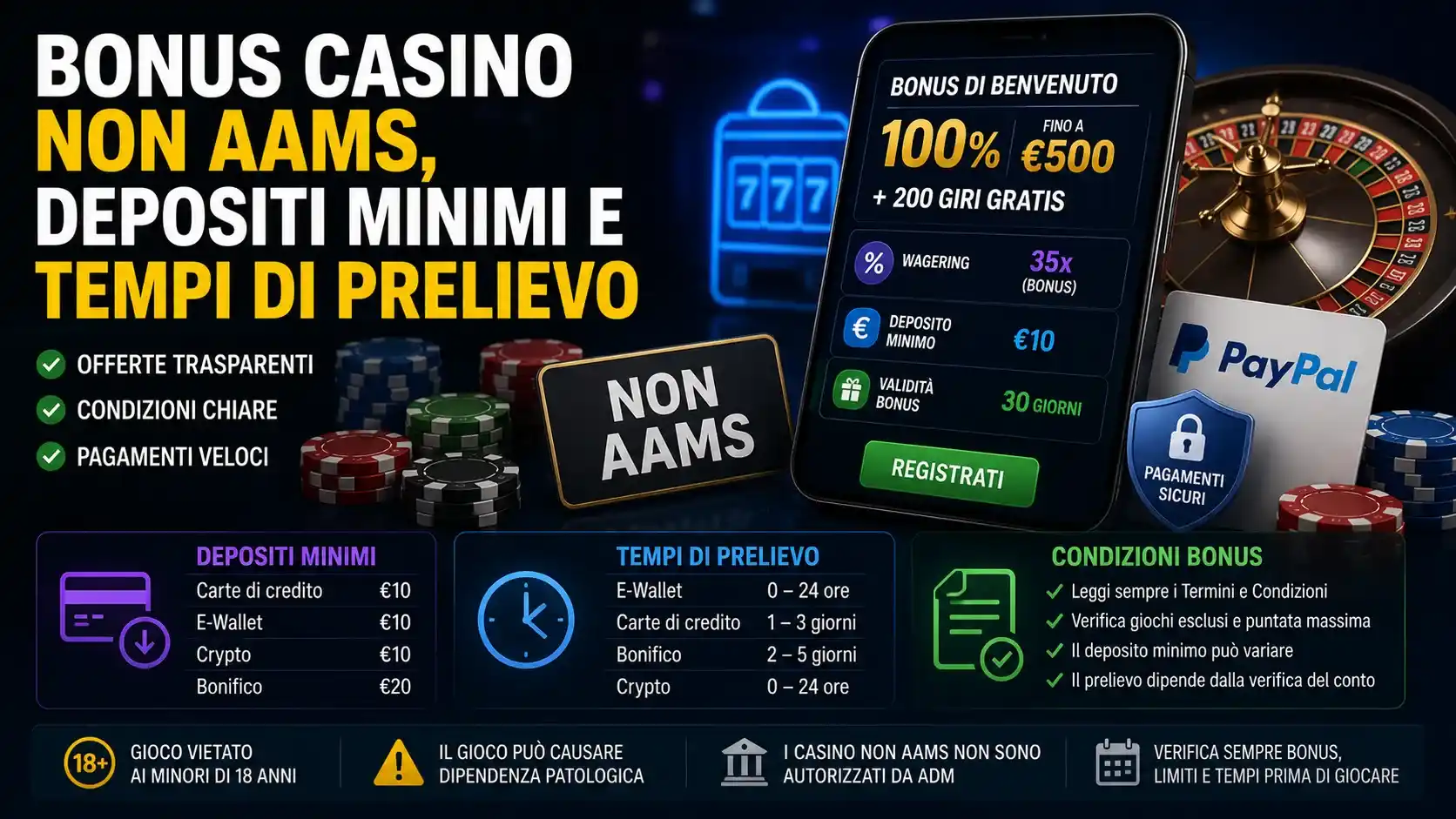Bonus casino non AAMS, depositi minimi e tempi di prelievo